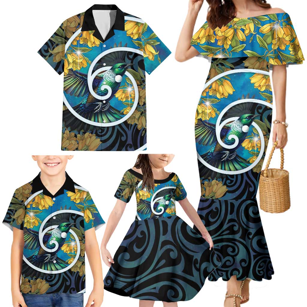 New Zealand Tui Bird Family Matching Mermaid Dress and Hawaiian Shirt Maori Koru With Kowhai Flowers