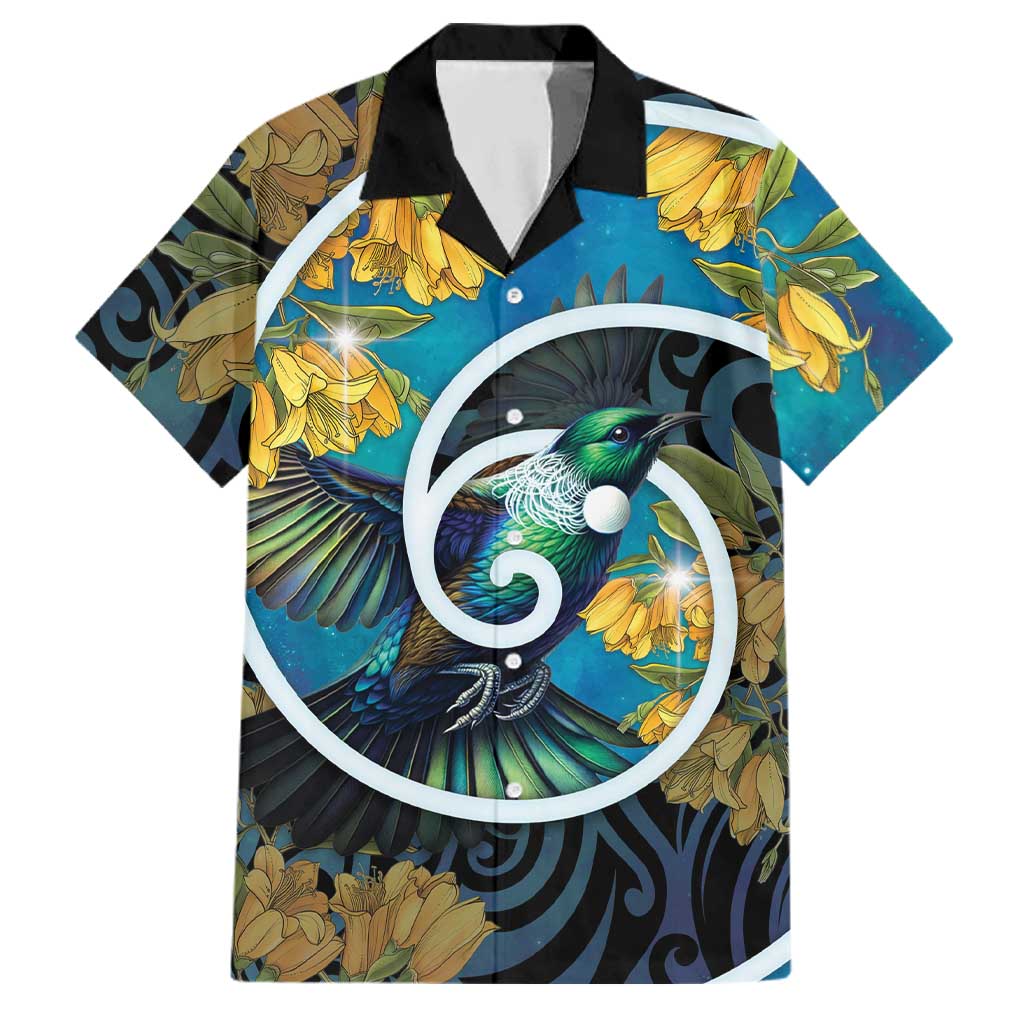 New Zealand Tui Bird Family Matching Mermaid Dress and Hawaiian Shirt Maori Koru With Kowhai Flowers LT05 Dad's Shirt - Short Sleeve Black - Polynesian Pride