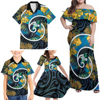 New Zealand Tui Bird Family Matching Off Shoulder Maxi Dress and Hawaiian Shirt Maori Koru With Kowhai Flowers LT05 - Polynesian Pride
