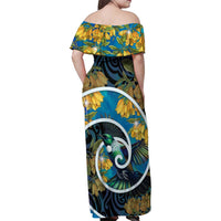 New Zealand Tui Bird Family Matching Off Shoulder Maxi Dress and Hawaiian Shirt Maori Koru With Kowhai Flowers LT05 - Polynesian Pride