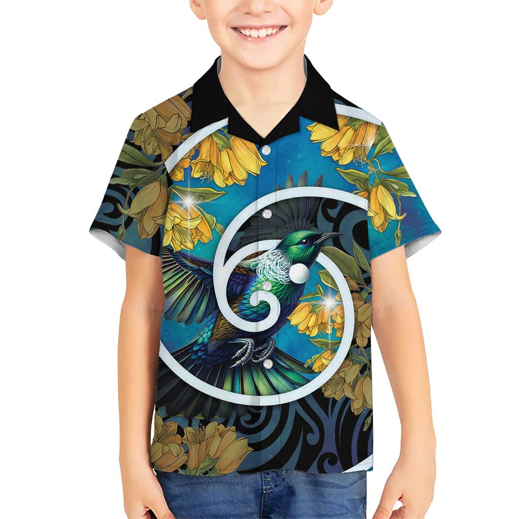 New Zealand Tui Bird Family Matching Off Shoulder Maxi Dress and Hawaiian Shirt Maori Koru With Kowhai Flowers LT05 Son's Shirt Black - Polynesian Pride