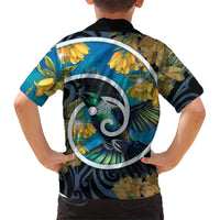 New Zealand Tui Bird Family Matching Off Shoulder Short Dress and Hawaiian Shirt Maori Koru With Kowhai Flowers LT05 - Polynesian Pride