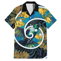 New Zealand Tui Bird Family Matching Off Shoulder Short Dress and Hawaiian Shirt Maori Koru With Kowhai Flowers LT05 Dad's Shirt - Short Sleeve Black - Polynesian Pride