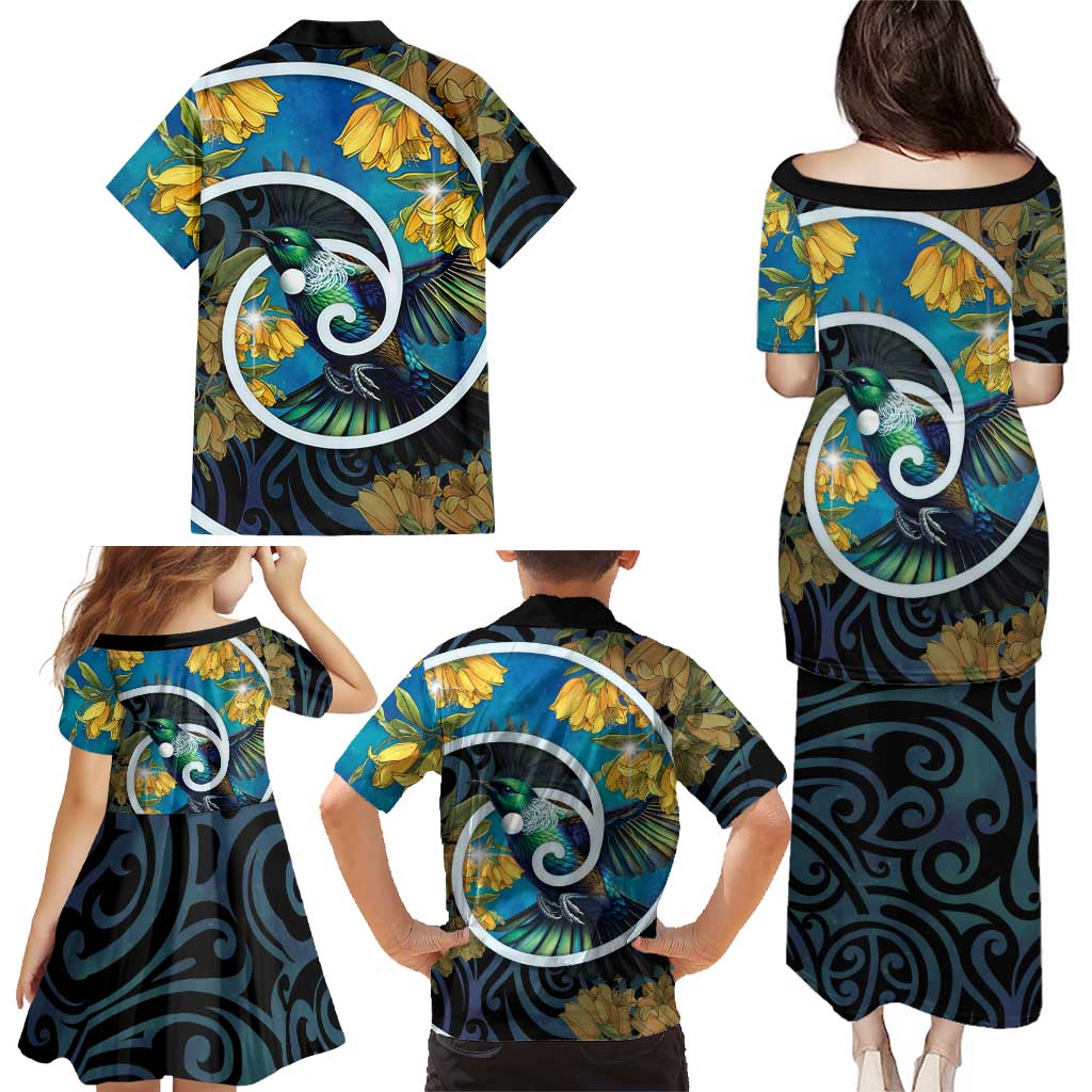 New Zealand Tui Bird Family Matching Puletasi and Hawaiian Shirt Maori Koru With Kowhai Flowers
