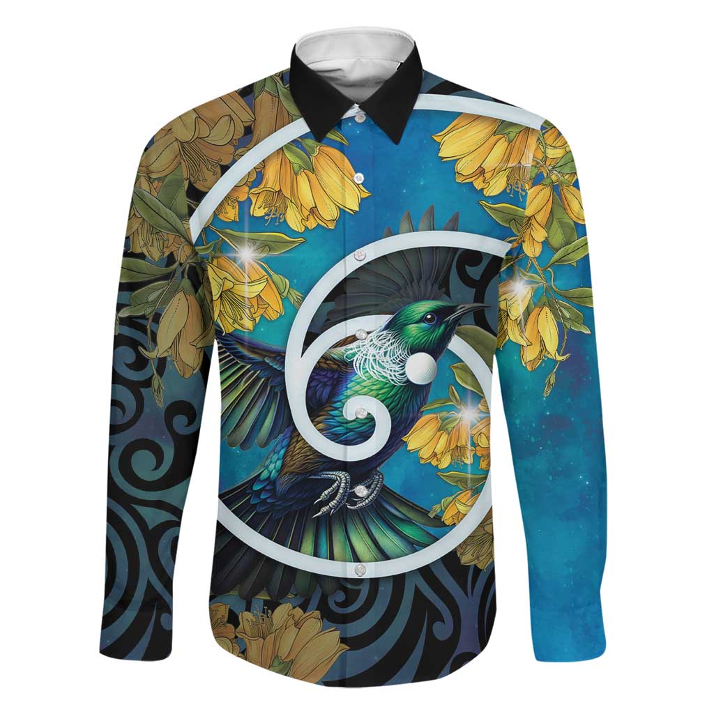 New Zealand Tui Bird Family Matching Puletasi and Hawaiian Shirt Maori Koru With Kowhai Flowers LT05 Dad's Shirt - Long Sleeve Black - Polynesian Pride