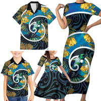 New Zealand Tui Bird Family Matching Short Sleeve Bodycon Dress and Hawaiian Shirt Maori Koru With Kowhai Flowers LT05 - Polynesian Pride