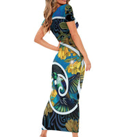 New Zealand Tui Bird Family Matching Short Sleeve Bodycon Dress and Hawaiian Shirt Maori Koru With Kowhai Flowers LT05 - Polynesian Pride