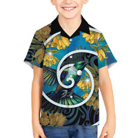 New Zealand Tui Bird Family Matching Short Sleeve Bodycon Dress and Hawaiian Shirt Maori Koru With Kowhai Flowers LT05 Son's Shirt Black - Polynesian Pride