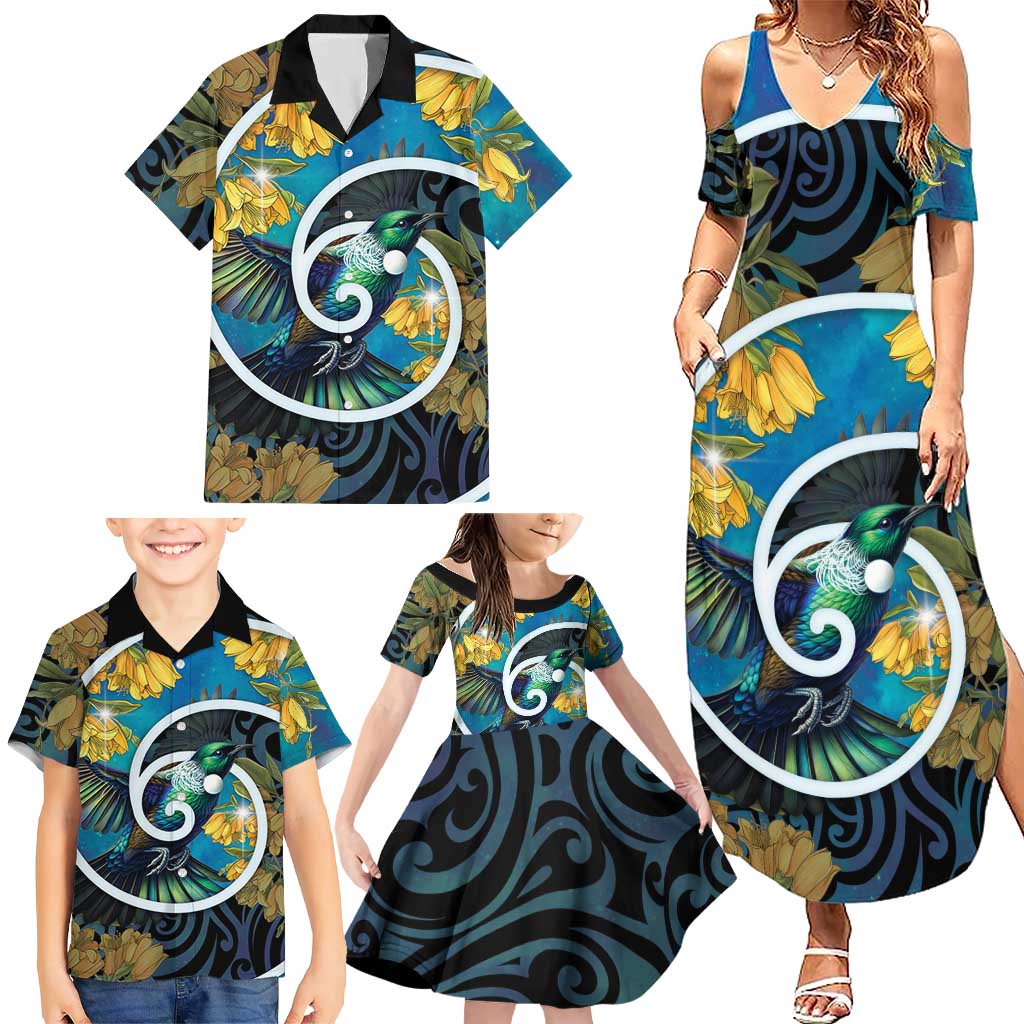 New Zealand Tui Bird Family Matching Summer Maxi Dress and Hawaiian Shirt Maori Koru With Kowhai Flowers