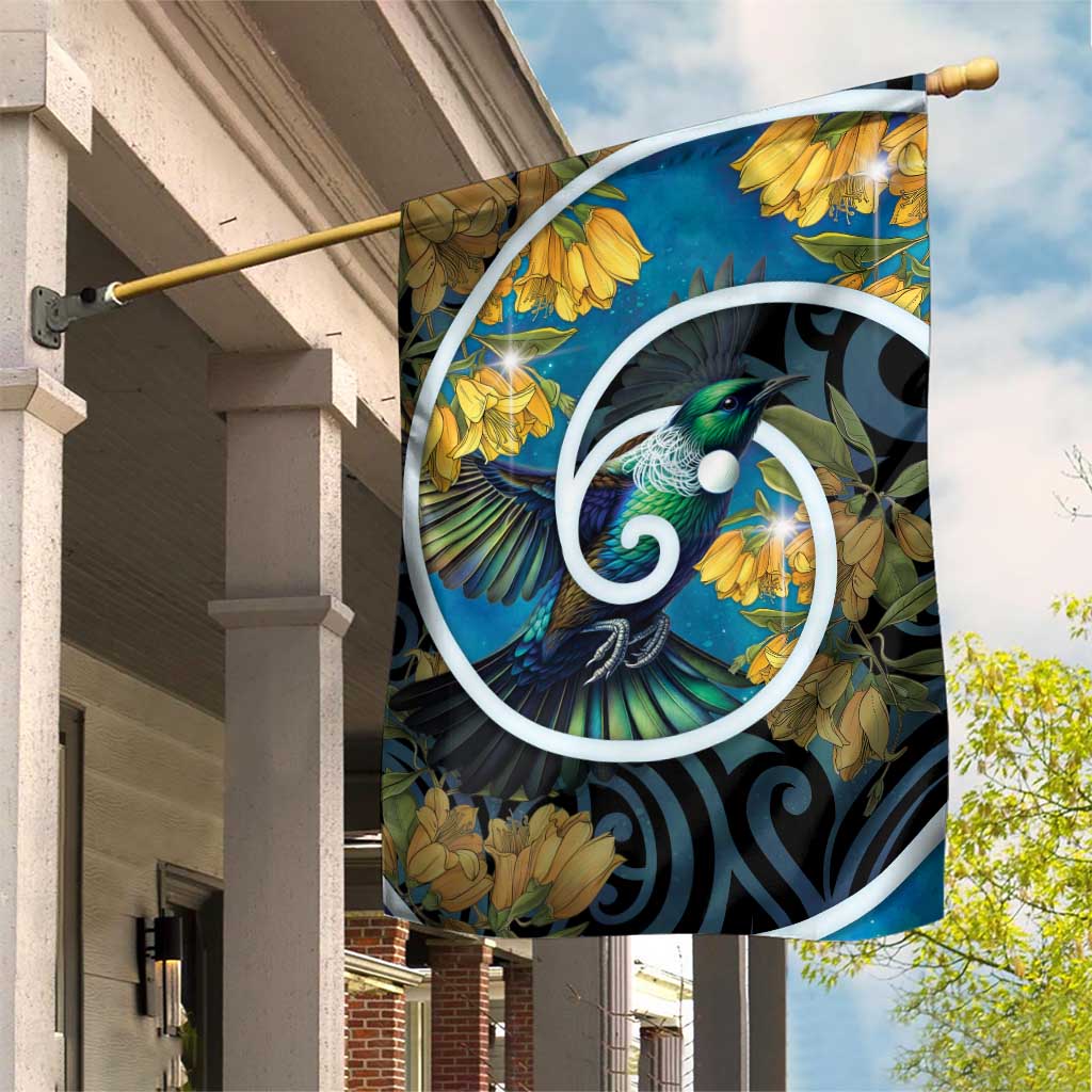 New Zealand Tui Bird Garden Flag Maori Koru With Kowhai Flowers LT05 House Flag Black - Polynesian Pride