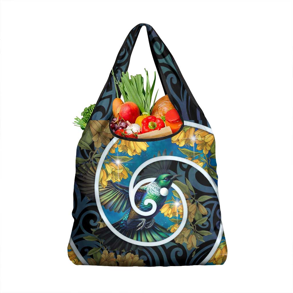New Zealand Tui Bird Grocery Bag Maori Koru With Kowhai Flowers