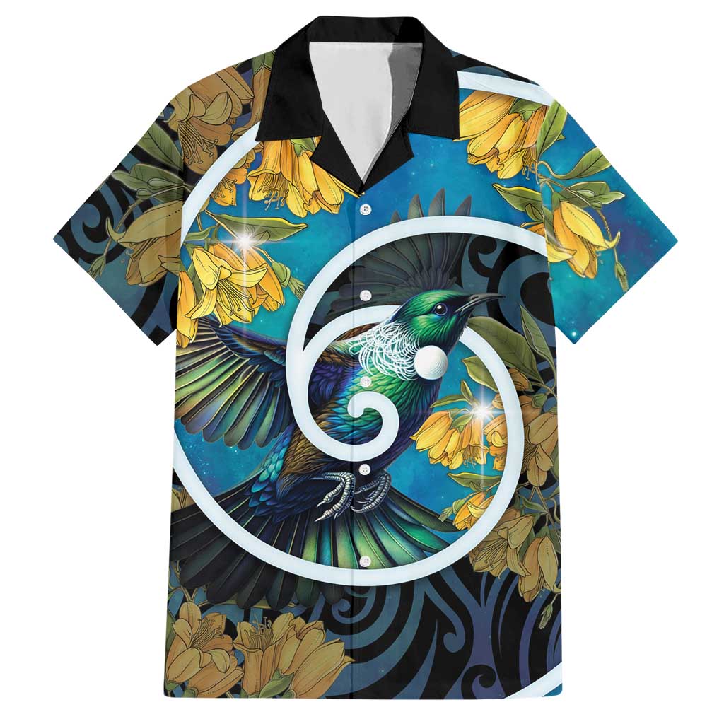 New Zealand Tui Bird Hawaiian Shirt Maori Koru With Kowhai Flowers LT05 Black - Polynesian Pride