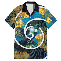 New Zealand Tui Bird Hawaiian Shirt Maori Koru With Kowhai Flowers LT05 Black - Polynesian Pride