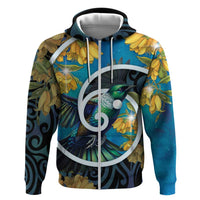 New Zealand Tui Bird Hoodie Maori Koru With Kowhai Flowers LT05 Zip Hoodie Black - Polynesian Pride