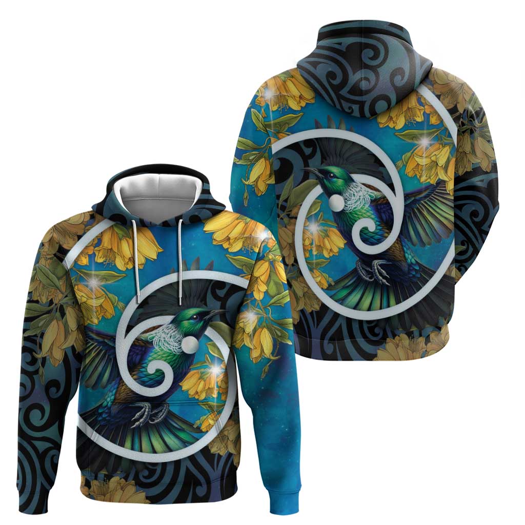 New Zealand Tui Bird Hoodie Maori Koru With Kowhai Flowers LT05 - Polynesian Pride