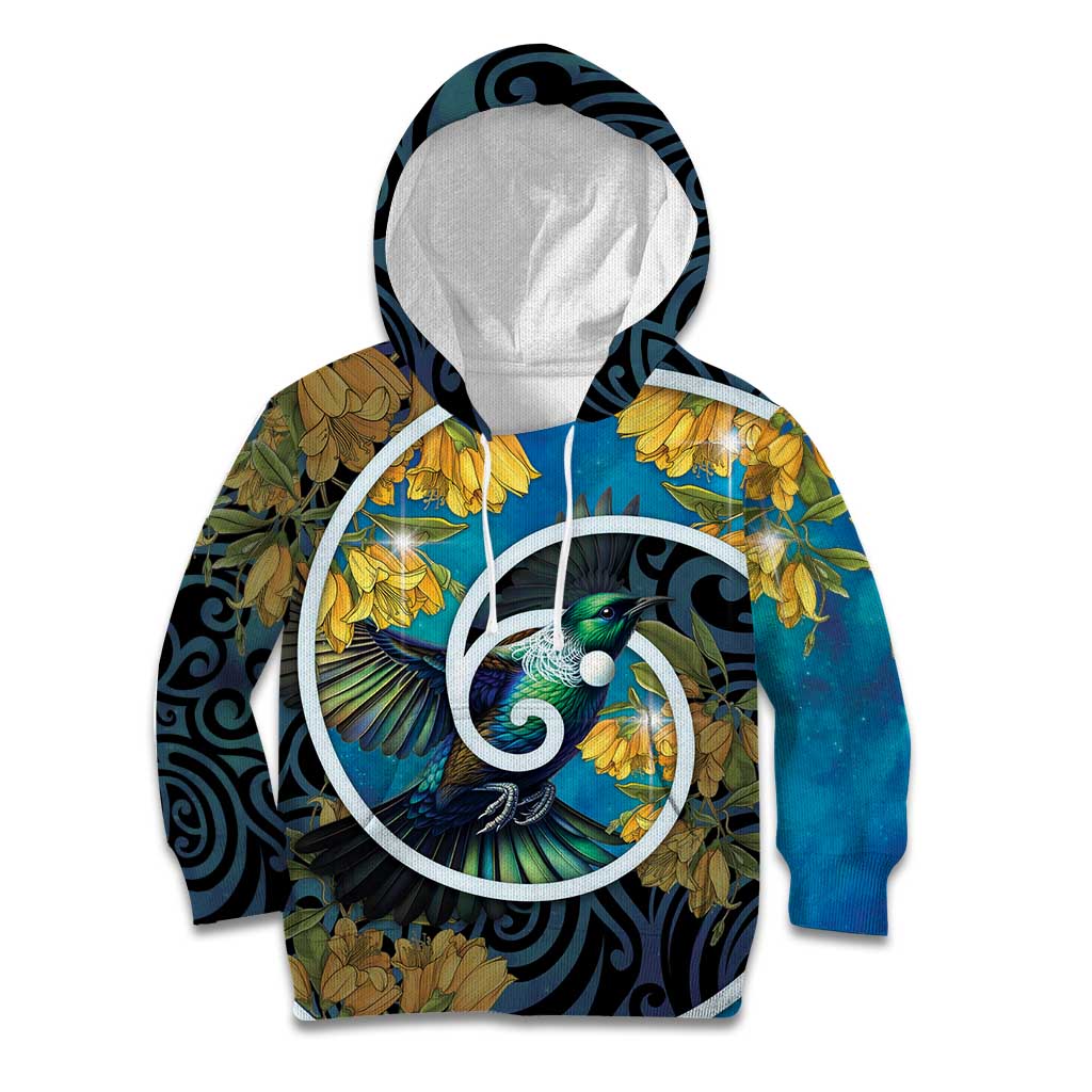New Zealand Tui Bird Kid Hoodie Maori Koru With Kowhai Flowers LT05 Hoodie Black - Polynesian Pride