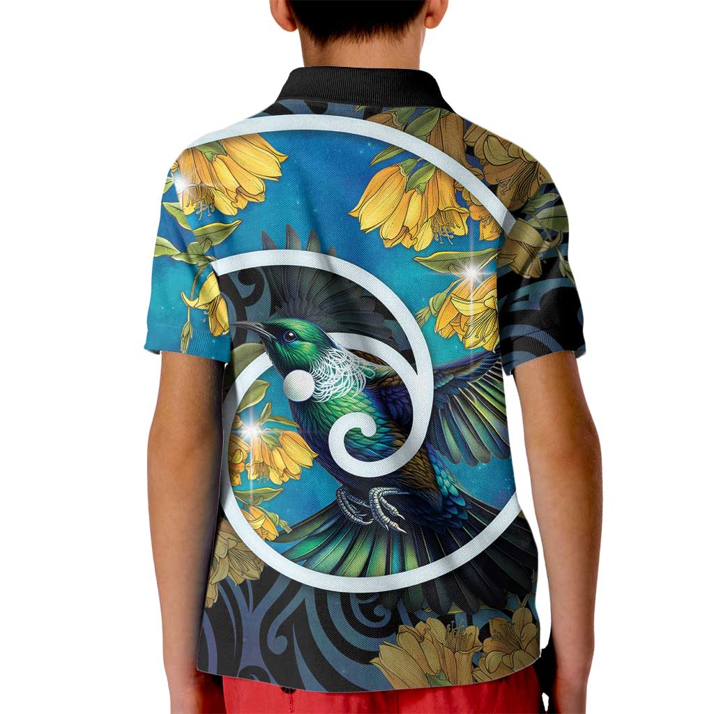 New Zealand Tui Bird Kid Polo Shirt Maori Koru With Kowhai Flowers LT05 - Polynesian Pride