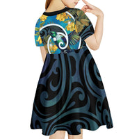 New Zealand Tui Bird Kid Short Sleeve Dress Maori Koru With Kowhai Flowers LT05 - Polynesian Pride