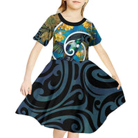 New Zealand Tui Bird Kid Short Sleeve Dress Maori Koru With Kowhai Flowers LT05 - Polynesian Pride