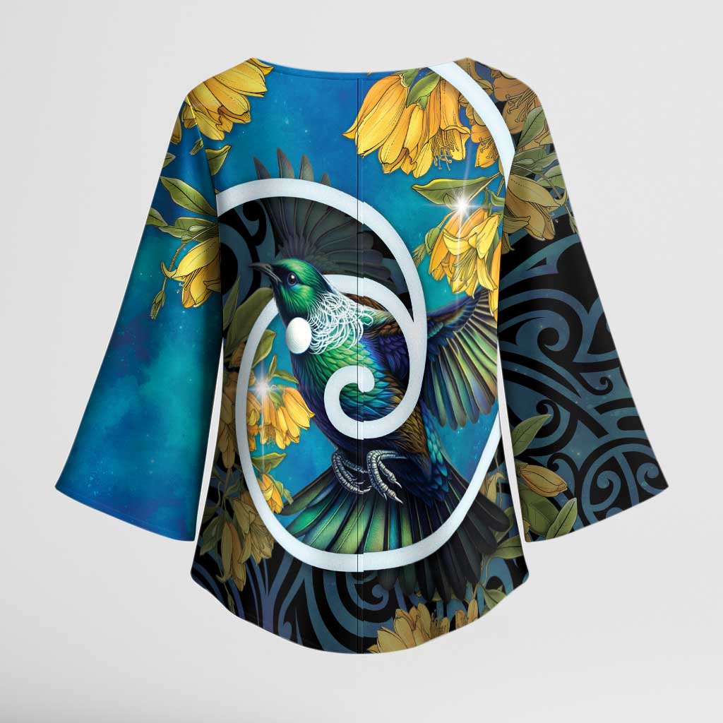 New Zealand Tui Bird Kimono Sleeve Blouse Maori Koru With Kowhai Flowers LT05 - Polynesian Pride