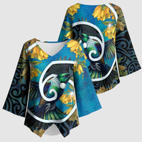 New Zealand Tui Bird Kimono Sleeve Blouse Maori Koru With Kowhai Flowers LT05 - Polynesian Pride