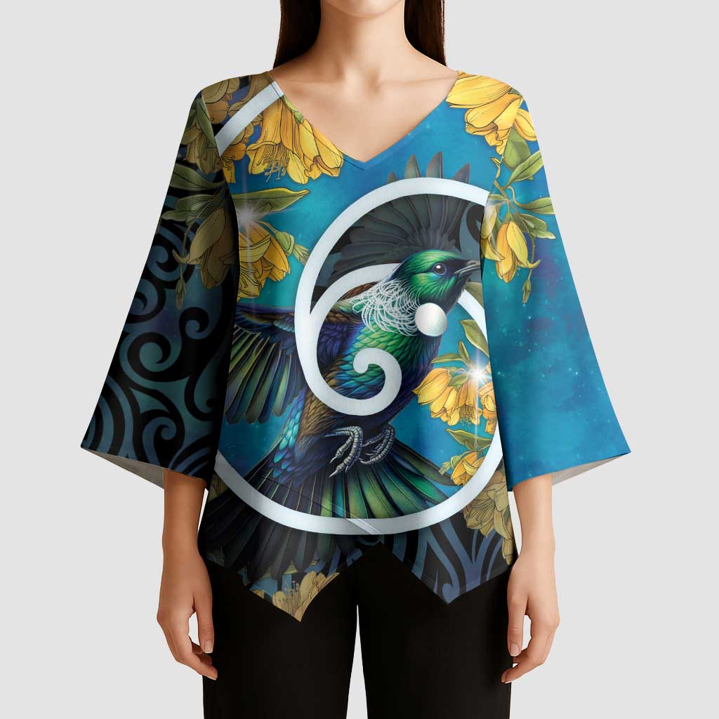 New Zealand Tui Bird Kimono Sleeve Blouse Maori Koru With Kowhai Flowers LT05 - Polynesian Pride