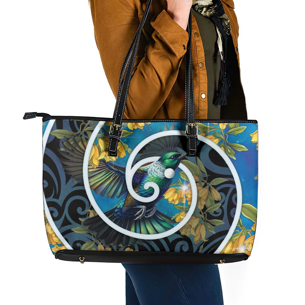 New Zealand Tui Bird Leather Tote Bag Maori Koru With Kowhai Flowers LT05 - Polynesian Pride