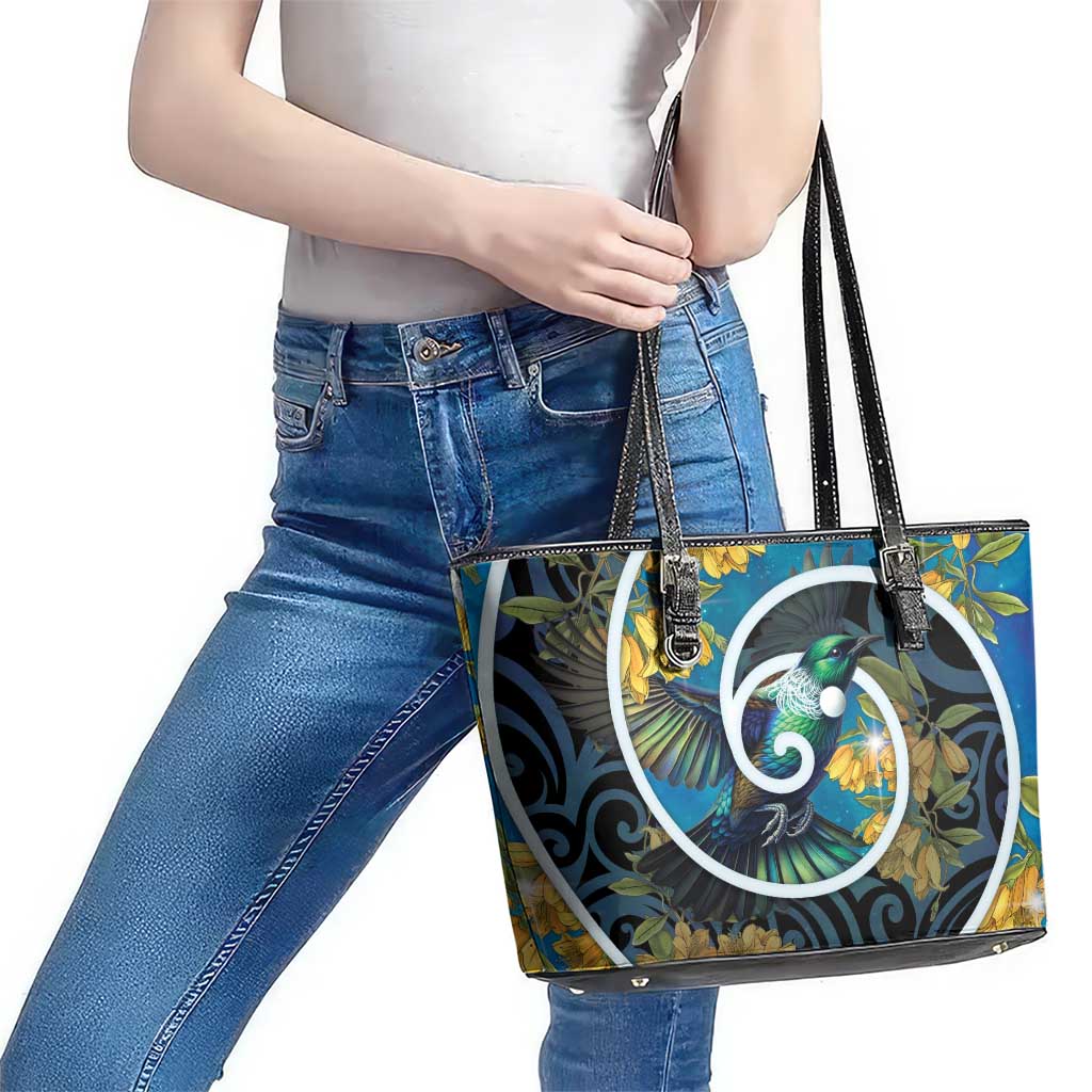 New Zealand Tui Bird Leather Tote Bag Maori Koru With Kowhai Flowers LT05 - Polynesian Pride