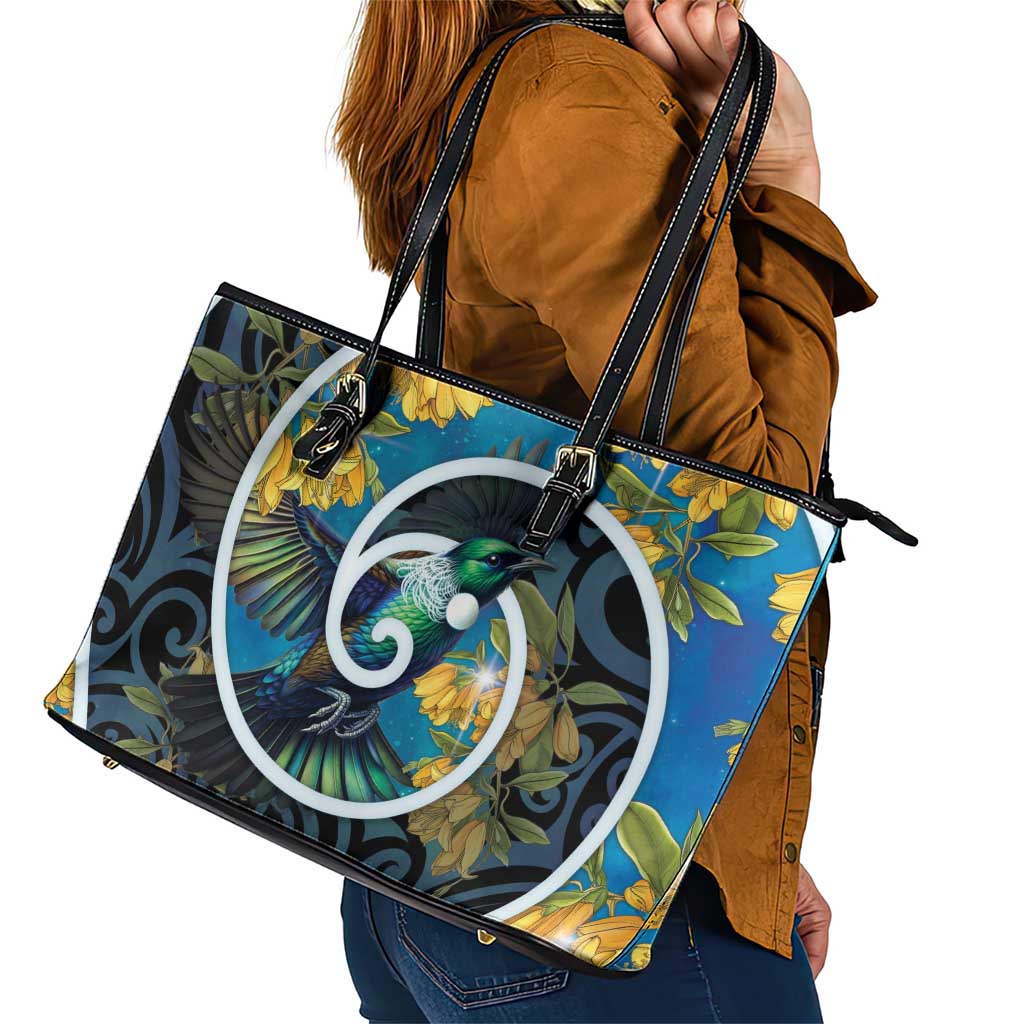 New Zealand Tui Bird Leather Tote Bag Maori Koru With Kowhai Flowers LT05 - Polynesian Pride