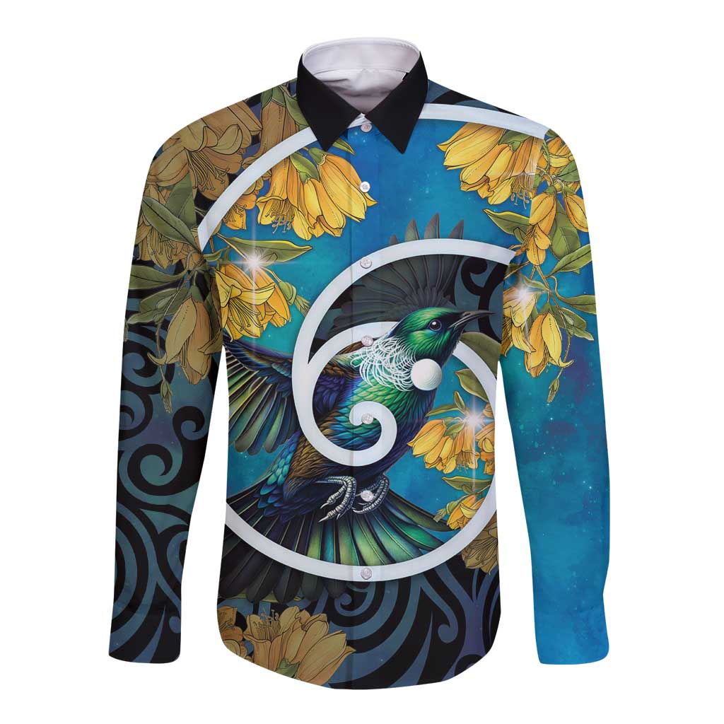 New Zealand Tui Bird Long Sleeve Button Shirt Maori Koru With Kowhai Flowers LT05 Unisex Black - Polynesian Pride