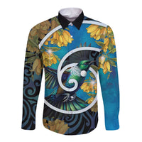 New Zealand Tui Bird Long Sleeve Button Shirt Maori Koru With Kowhai Flowers LT05 Unisex Black - Polynesian Pride