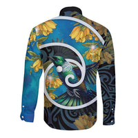 New Zealand Tui Bird Long Sleeve Button Shirt Maori Koru With Kowhai Flowers LT05 - Polynesian Pride