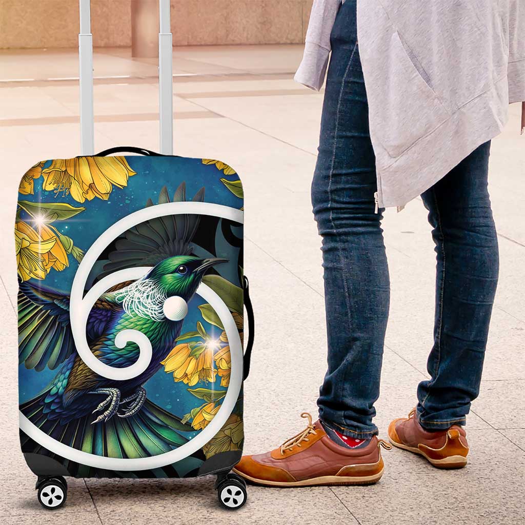 New Zealand Tui Bird Luggage Cover Maori Koru With Kowhai Flowers
