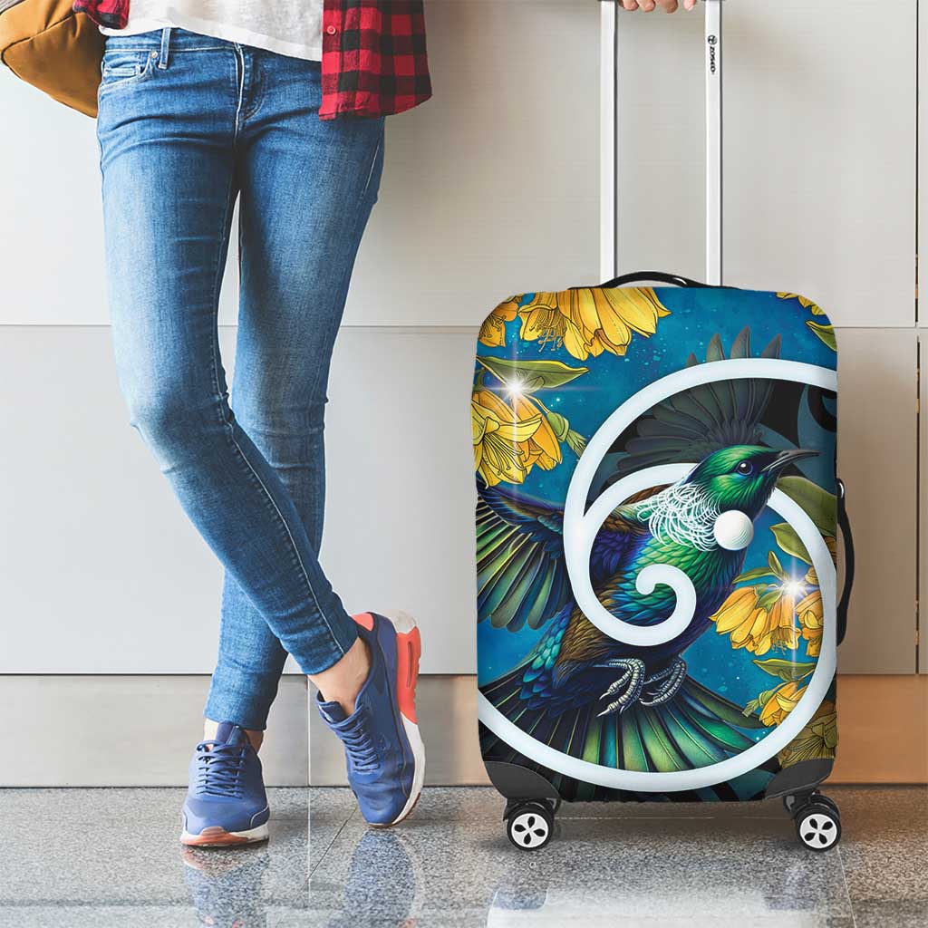 New Zealand Tui Bird Luggage Cover Maori Koru With Kowhai Flowers