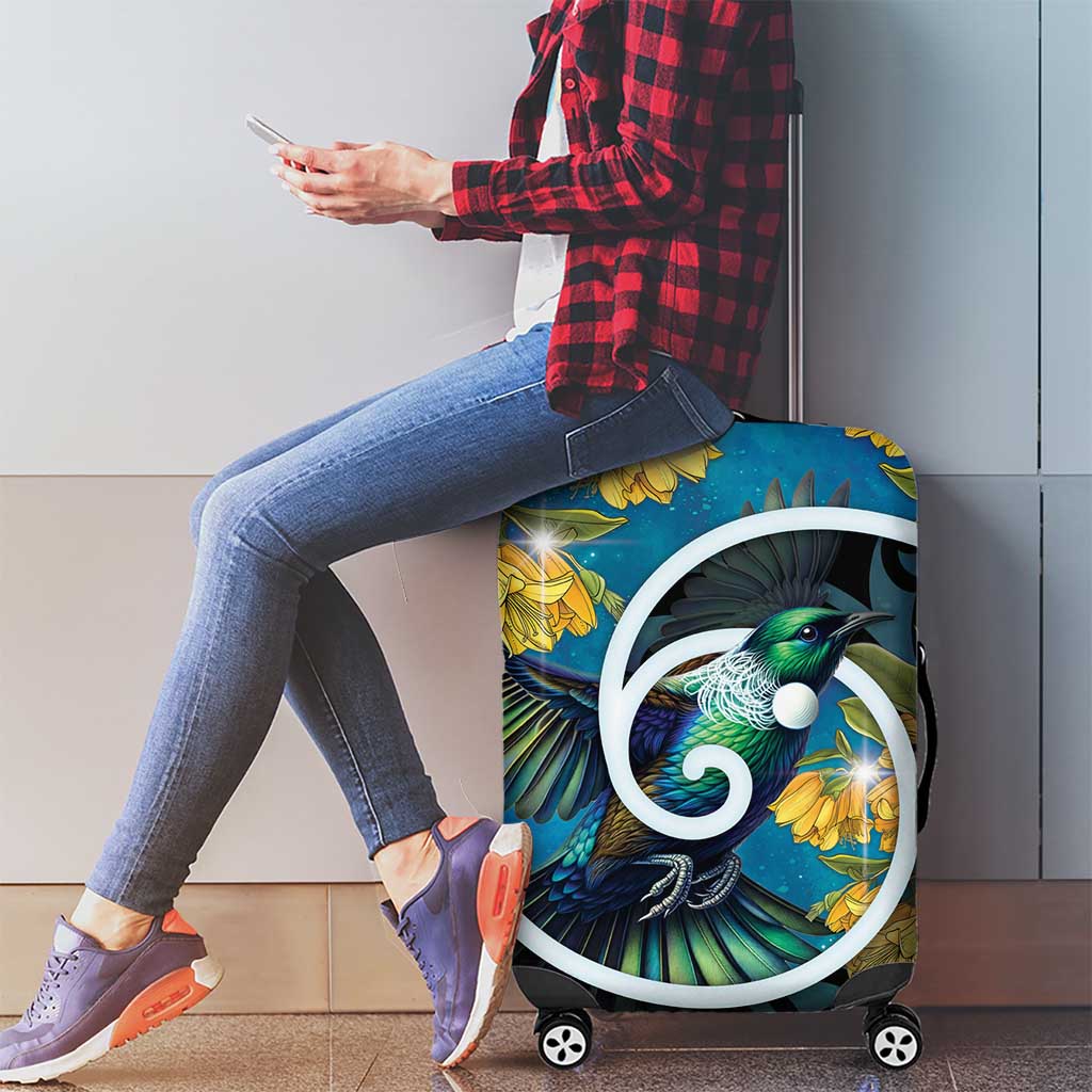 New Zealand Tui Bird Luggage Cover Maori Koru With Kowhai Flowers