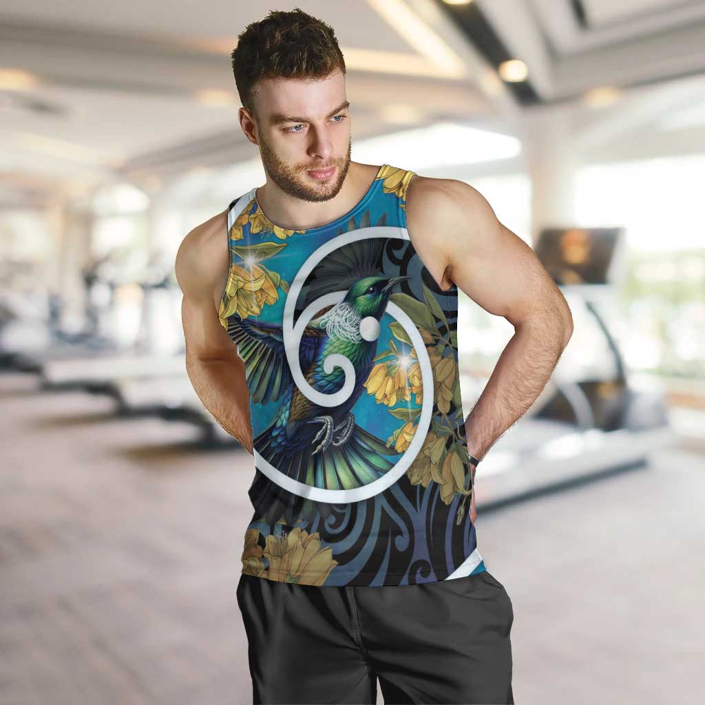 New Zealand Tui Bird Men Tank Top Maori Koru With Kowhai Flowers LT05 Black - Polynesian Pride