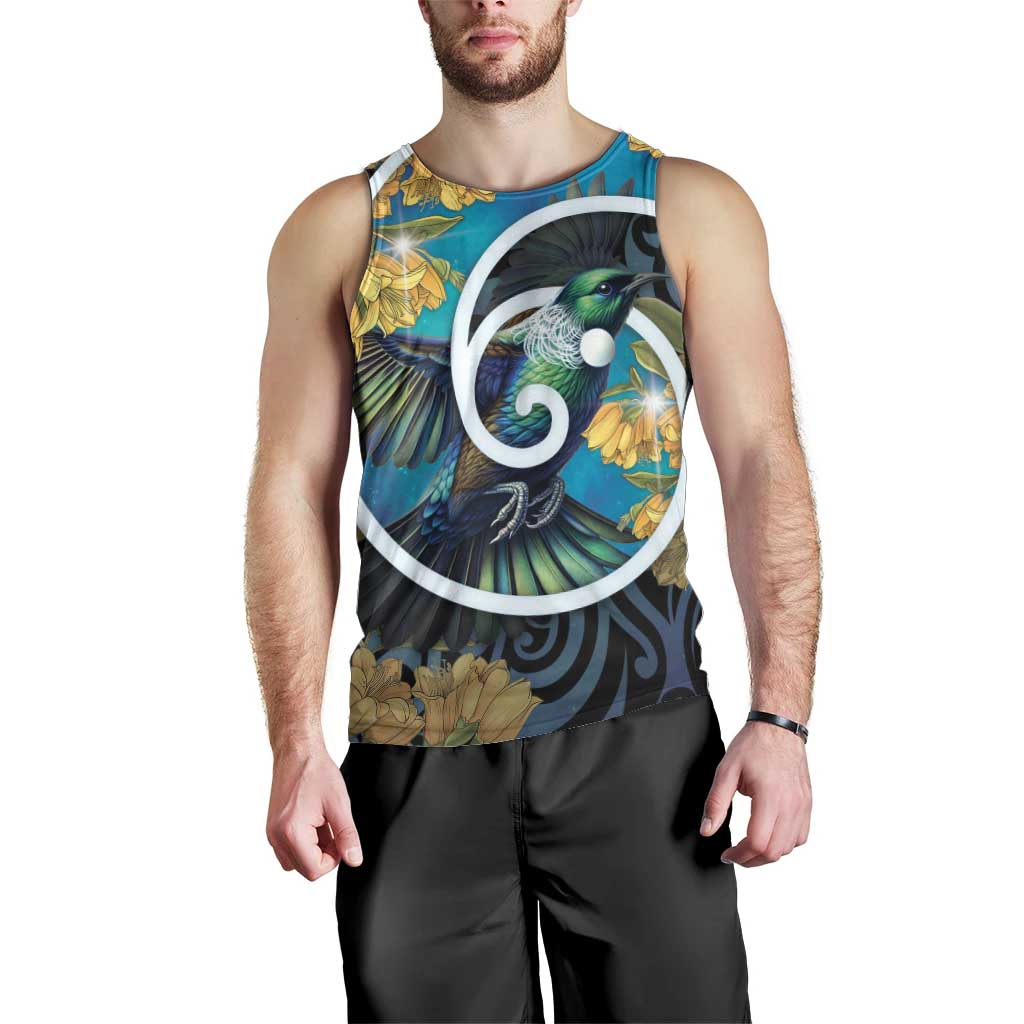New Zealand Tui Bird Men Tank Top Maori Koru With Kowhai Flowers LT05 - Polynesian Pride