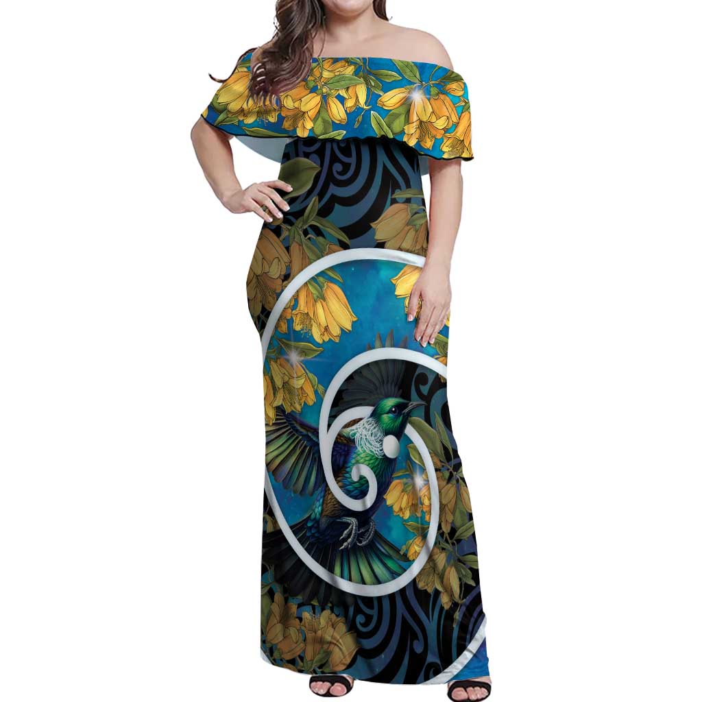 New Zealand Tui Bird Off Shoulder Maxi Dress Maori Koru With Kowhai Flowers