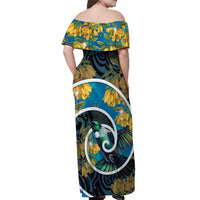 New Zealand Tui Bird Off Shoulder Maxi Dress Maori Koru With Kowhai Flowers LT05 - Polynesian Pride