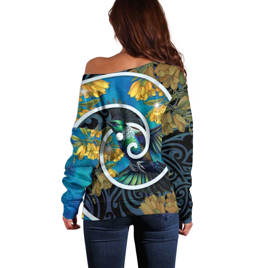 New Zealand Tui Bird Off Shoulder Sweater Maori Koru With Kowhai Flowers LT05 - Polynesian Pride