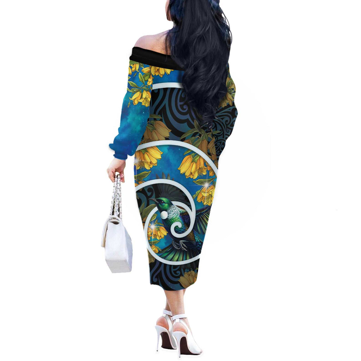 New Zealand Tui Bird Off The Shoulder Long Sleeve Dress Maori Koru With Kowhai Flowers LT05 - Polynesian Pride