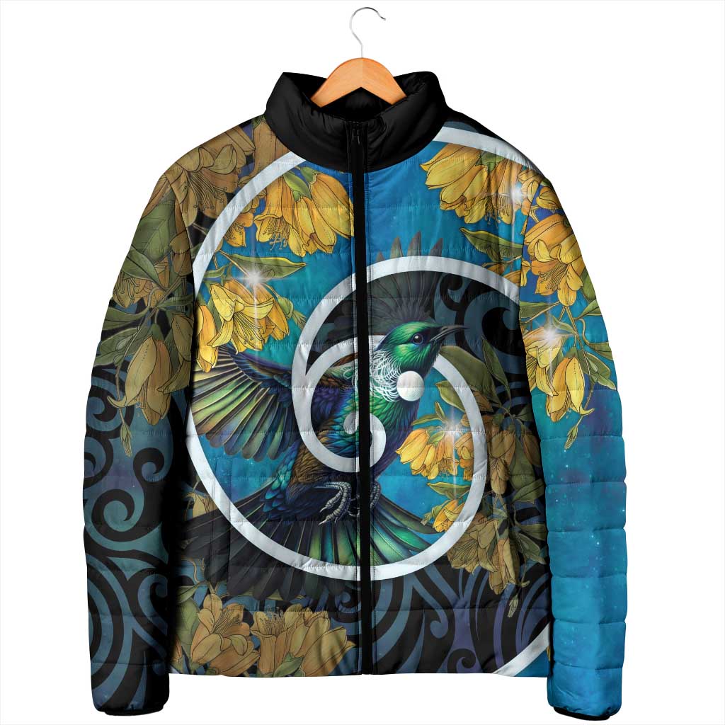 New Zealand Tui Bird Padded Jacket Maori Koru With Kowhai Flowers
