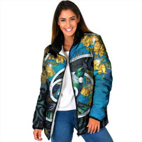 New Zealand Tui Bird Padded Jacket Maori Koru With Kowhai Flowers