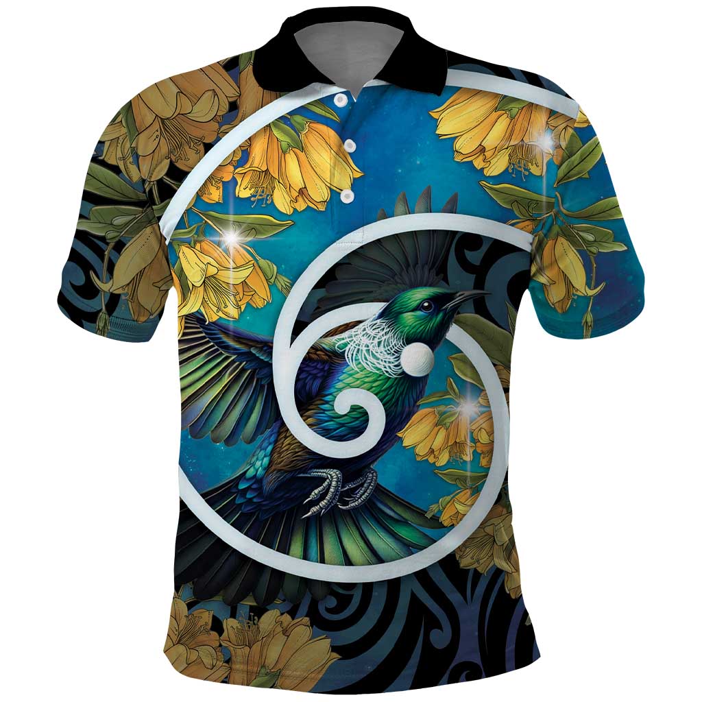 New Zealand Tui Bird Polo Shirt Maori Koru With Kowhai Flowers LT05 Black - Polynesian Pride