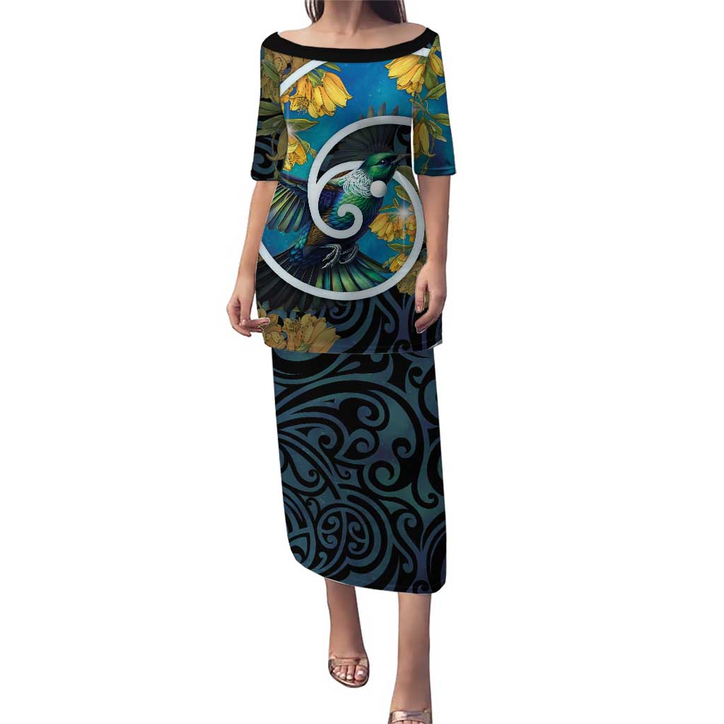 New Zealand Tui Bird Puletasi Maori Koru With Kowhai Flowers LT05 Long Dress Black - Polynesian Pride