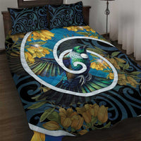 New Zealand Tui Bird Quilt Bed Set Maori Koru With Kowhai Flowers LT05 Black - Polynesian Pride