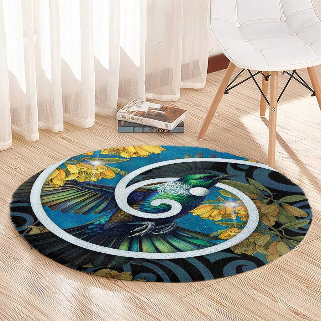 New Zealand Tui Bird Round Carpet Maori Koru With Kowhai Flowers LT05 - Polynesian Pride