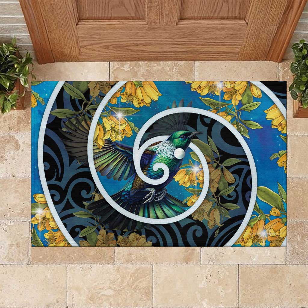 New Zealand Tui Bird Rubber Doormat Maori Koru With Kowhai Flowers LT05 Black - Polynesian Pride