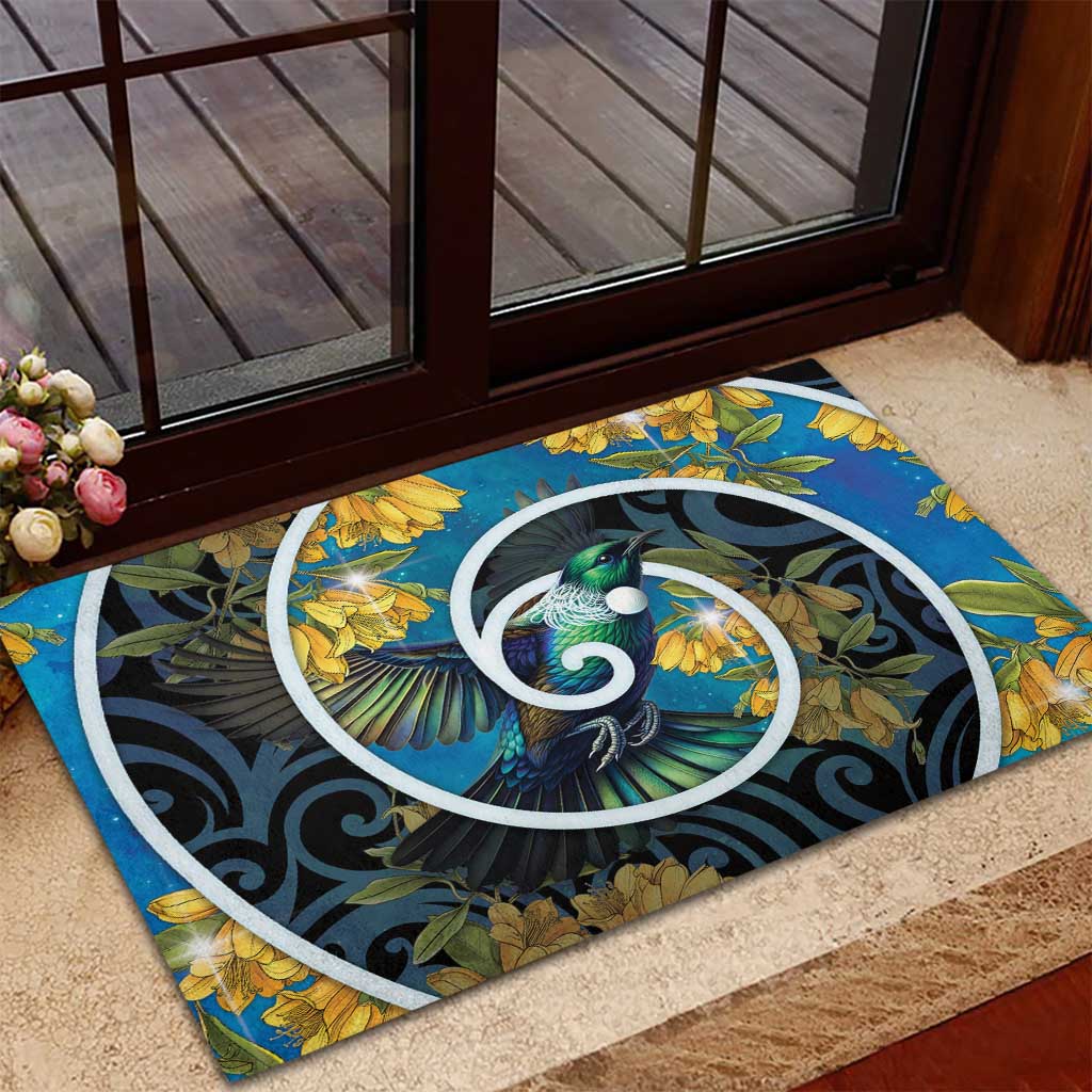 New Zealand Tui Bird Rubber Doormat Maori Koru With Kowhai Flowers LT05 - Polynesian Pride