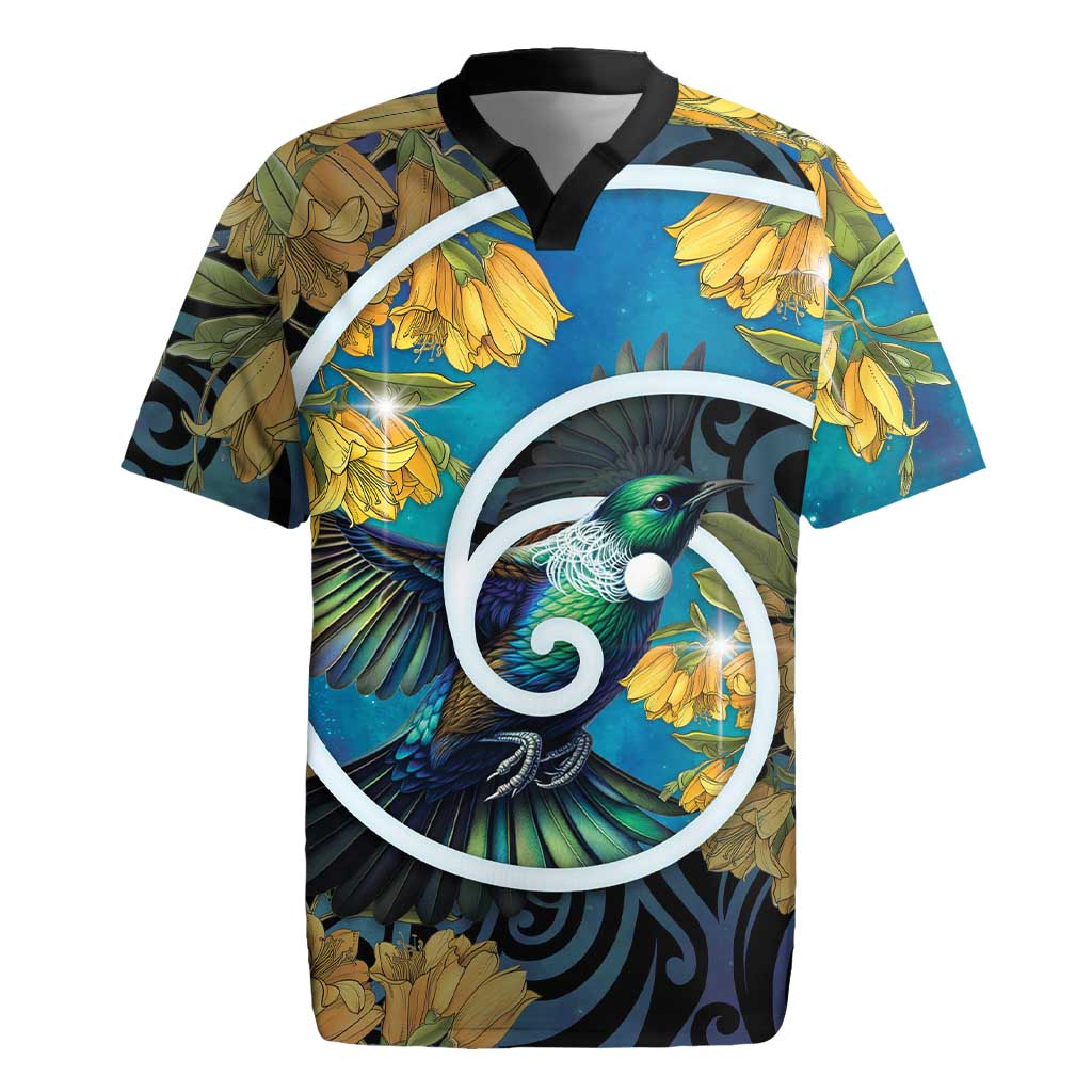 New Zealand Tui Bird Rugby Jersey Maori Koru With Kowhai Flowers LT05 Black - Polynesian Pride